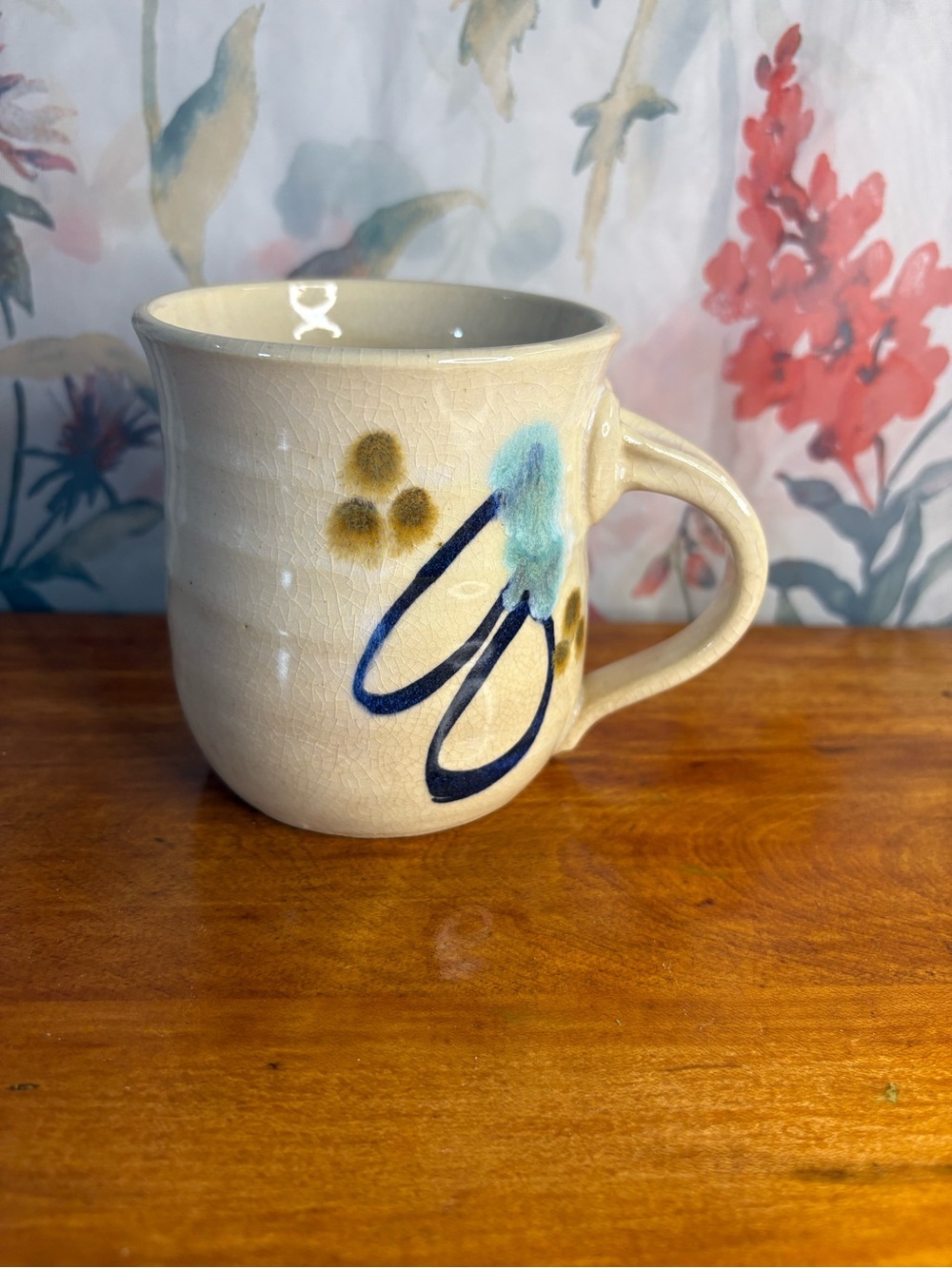Vintage Handcrafted Cream Ceramic Mug with Blue & Olive Floral Accent